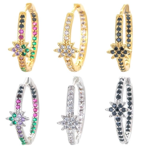 Boucles d'Oreilles Créoles Étoile en Cuivre Plaqué Or 18K Serties de Zirconia Coloré Créoles Huggie Étoile Pave Bijoux Femme