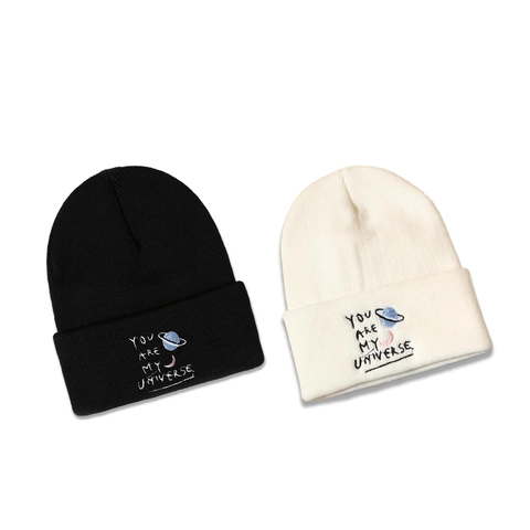 Knitted Beanie Hat Acrylic Warm Winter Cuffed Universe Planet Embroidery Fashion For Men Women