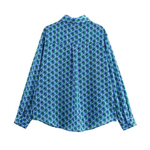Camicia A Maniche Lunghe Con Motivo Geometrico Risvolto Bottoni Morbida Raso Camicetta Da Ufficio Per Donna