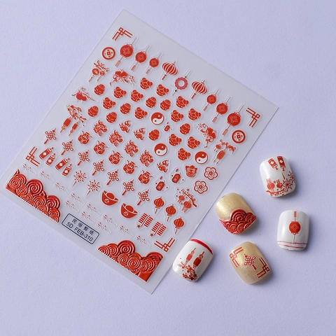 Autocollants Ongles 5D Relief Style Chinois Nouvel An Lunaire Lanterne Rouge Dragon Nœud Décalcomanies Manucure