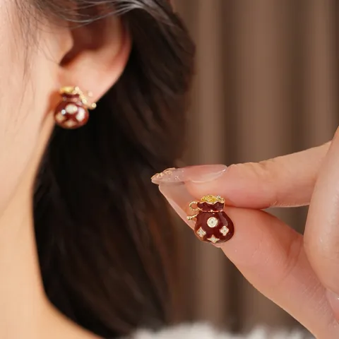 Lucky Bag Stud Earrings Red Enamel Alloy Vintage New Chinese Style Jewelry With Silver Earring Post For Women