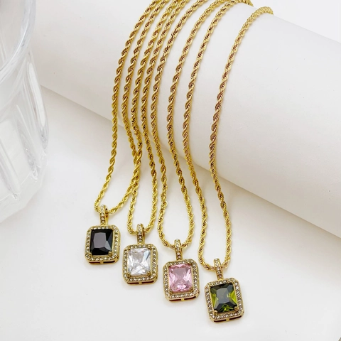 Stainless Steel Square Zirconia Pendant Necklace For Women 18K Gold Plated Vintage Twist Chain Geometric Jewelry Gift