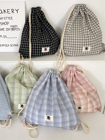 Drawstring Backpack Plaid Checkered Polyester Canvas Lightweight Beaded Decor School Travel Casual Cute Bags For Women