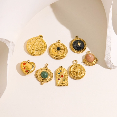 Vintage Pendants Charms Stainless Steel Gold Plated Natural Stone Gemstone Tree Of Life Sun Moon Heart For DIY Jewelry Making
