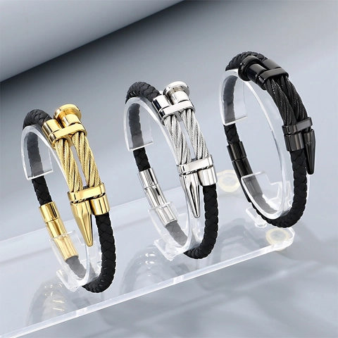 Men's Stainless Steel Woven Leather Bracelet Punk Nail Head Design Industrial Style Gold Silver Black Bangle Jewelry
