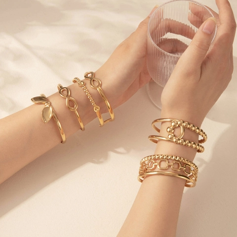 Gouden Titanium Staal Open Armring Verstelbare Armband Konijnenoor Veer Blad Oneindigheid Minimalistische Sieraden