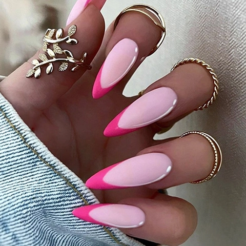 Lange Stiletto Aufklebe Nägel Magenta French Tip Rosa Glänzend Künstliche Falsche Fingernägel Salon Stil Für Frauen