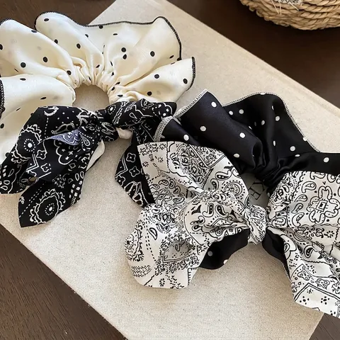 Scrunchie Fiocco Retrò A Pois E Paisley Tessuto Colore Contrastante Elastico Per Capelli Accessori Capelli Donna Eleganti