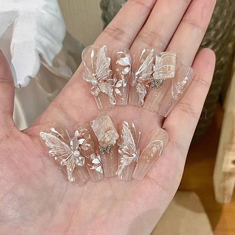 Handmade Luxury Press On Nails With Butterfly Pearl Decor Elegant ABS Resin Artificial Nails For DIY Manicure Women Makeup Gift