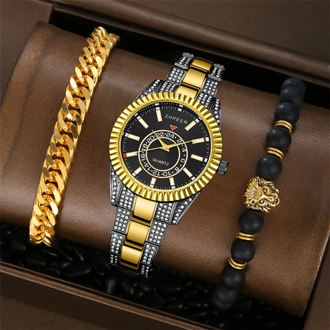 Luxury Men's Rhinestone Quartz Watch Set With Cuban Link Bracelet Lion Head Beaded Bracelet Business Casual Steel Band Timepiece