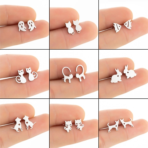Minimalist Animal Stud Earrings Stainless Steel Cute Cat Dog Rabbit Ghost Shape Fashion Jewelry Accessory For Women