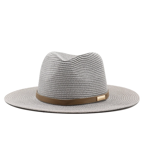 Women Straw Fedora Sun Hat Wide Brim Woven Paper Summer Beach Travel Retro Elegant With PU Leather Band Gold Buckle