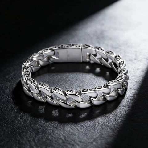Men Vintage Engraved Cuban Link Bracelet Stainless Steel Retro Hip Hop Heavy Polished Chain Jewelry For Male