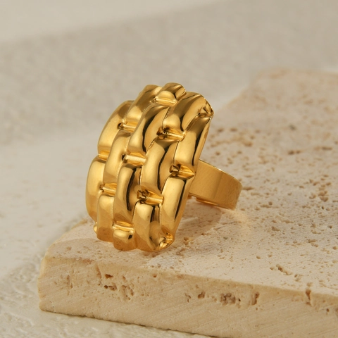 Ins Style Woven Texture Irregular Geometric Stainless Steel Ring And Earrings Set For Women Fashion Gold Jewelry Gift