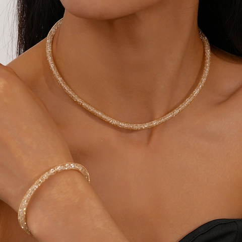 Copper Zircon Mesh Wrapped Round Necklace And Bracelet Sparkling Elegant Fashion Jewelry Women