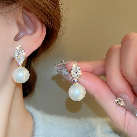 Geometric Dangle Earrings Faux Artificial Pearl Zircon Luxury French Style Women Jewelry With 925 Sterling Silver Earring Post