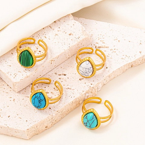 Vintage Stainless Steel Adjustable Open Ring For Women Men Geometric Teardrop Imitation Turquoise Inlaid Niche Design Finger Jewelry