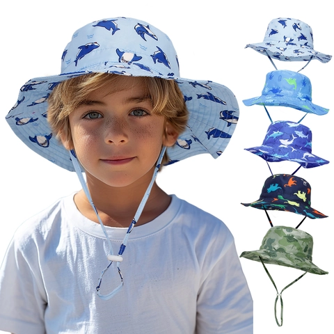 Kids Cartoon Printed Bucket Hat Breathable Quick-Dry Sun Protection Adjustable Wind Rope Beach Hat For Baby Toddler Boys