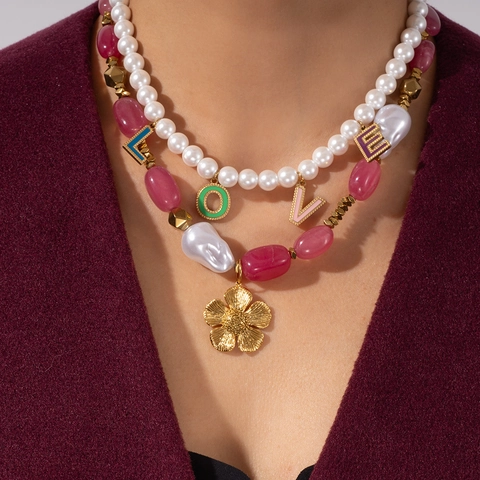Collana Perline Barocche Künstliche Perle Imitazione Resina Colorata Ciondolo Fiore Acciaio Inossidabile Lettere Love Gioielli Donna