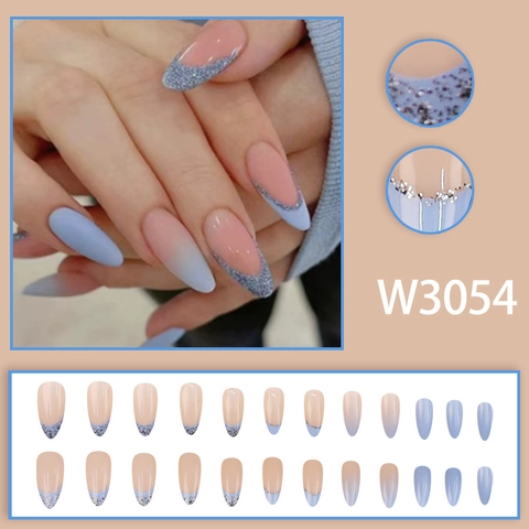 Unghie Finte A Pressione Sfumate Blu Stile Francese Mandorla Lunga Con Glitter Argento Scintillante Per Manicure Donna