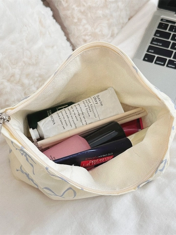 Floral Print Makeup Bag Large Capacity Canvas Cosmetic Pouch Zipper Closure Bow Paisley Polka Dot Pattern Organizer For Women