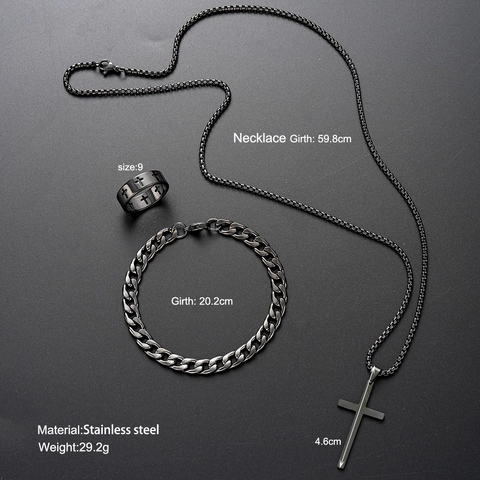 Collana Con Ciondolo A Croce Bracciale A Catena Cubana E Anello In Acciaio Inossidabile Da Uomo Stile Hip Hop Punk