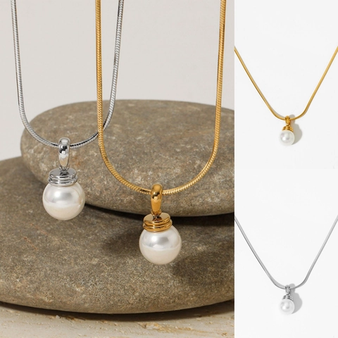 Collier Avec Pendentif En Künstliche Perle De Coquillage Élégant Acier Inoxydable Chaîne Serpent Placage Sous Vide Bijoux De Mode Femmes