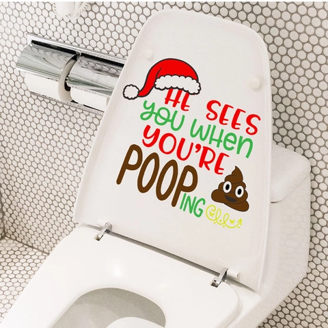 Divertente Adesivo per Gabinetto di Natale PVC Rimovibile Impermeabile Decorazione Bagno He Sees You When You Are Pooping