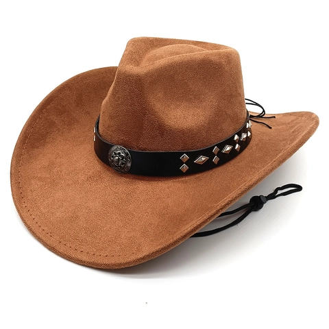 Chapeau De Cowboy Occidental Faux Daim Large Bord Bande En Cuir Rivetée Vintage Extérieur Rétro Corde Coupe-Vent