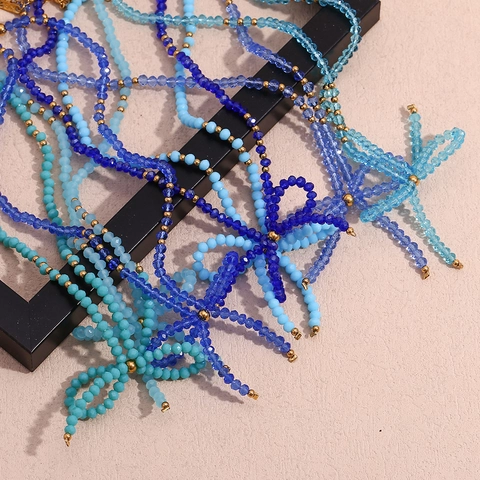 Handgefertigte Perlenhalskette Facettierte Kristallharzperlen Edelstahl Schleife Anhänger Modeschmuck Damen