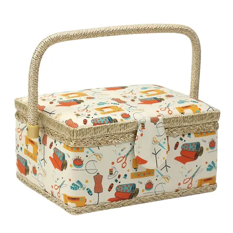 Pastoral Floral Fabric Sewing Basket With Braided Handle Portable Vintage Needlework Craft Tools Storage Organizer Box