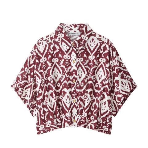Vintage Ikat Print Korte Mouw Overhemd Voor Dames Etnisch Bohemian Revers Casual Polyester Blouse Top