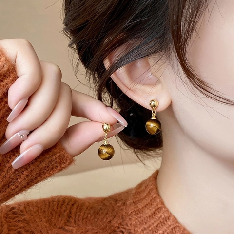 Tiger Eye Pendant Drop Earrings With Silver Earring Post 18K Real Gold Plated Retro Vintage Maillard Style For Women
