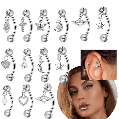 Edelstahl Curved Barbells Körperpiercing Schmuck Zirkonia Kupfer Schmetterling Herz Kreuz Mond Anhänger Hip Hop Für Damen Herren