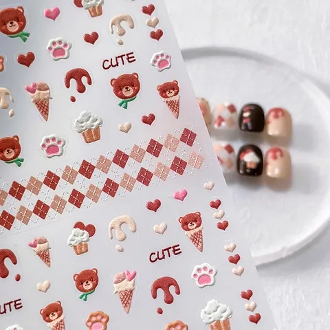 5D Embossed Nail Stickers Bear Ice Cream Hearts Kawaii Cartoon Relief DIY Decorative Decals For Women Girls