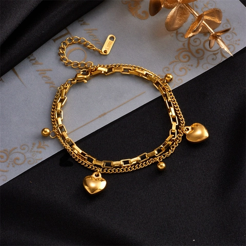 Pulsera De Capas De Acero Inoxidable Con Colgante De Corazón Para Mujer Joyería De Cadena Dorada Vintage