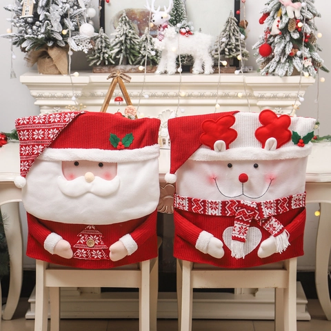 Housse de Chaise en Tricot de Noël Motif Père Noël Gnone Bonhomme de Neige Renne Protecteur de Chaise de Repas Décoration de Maison