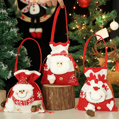 Bolsa De Regalo De Navidad Tejido Felpa Cordón Bolsa De Dulces Papá Noel Muñeco De Nieve Reno Decoración De Fiesta
