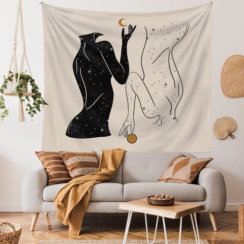 Arazzo Da Parete Arte Linee Del Corpo Astratto Poliestere Mistico Notte Stellata Luna Bohemien Sfondo Decorazione Casa