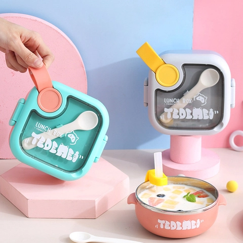 Portapranzo Per Bambini In Acciaio Inox Portatile Isolato Termico Bento Box Con Cucchiaio Per Scuola Picnic Cartone Animato