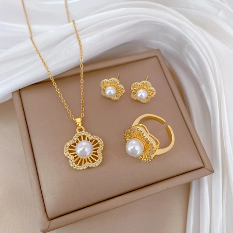 Elegant Flower Artificial Pearl Necklace Earrings Open Ring Titanium Steel Copper With Silver Earring Post Full Rhinestone Women