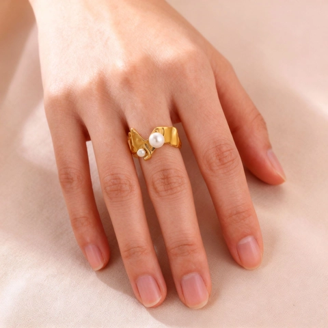 Luxury Stainless Steel Irregular Molten Geometric Open Ring For Women Gold Plated Artificial Pearl Rhinestone Statement Ring Jewelry