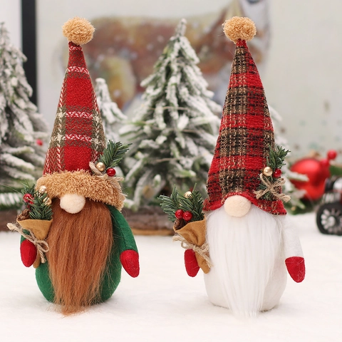 Addobbi Natalizi Gnomo con Cappello a Quadri Fatto a Mano Uomo della Foresta in Piedi Bambola Senza Volto Decorazioni da Tavolo per Casa Festa di Natale Regalo Festivo