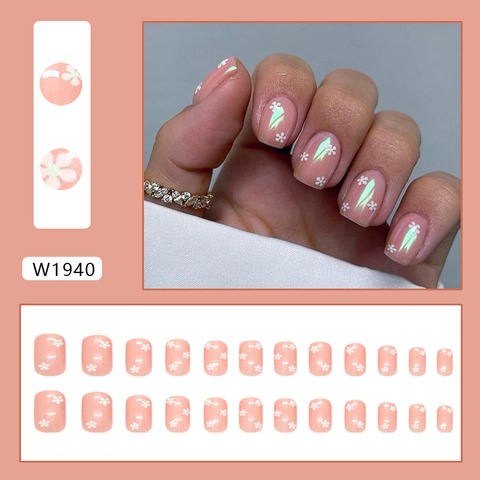 Uñas Postizas A Presión Perla Artificial Aurora Rosa Corto Cuadrado Redondo Flores Blancas Plástico ABS Mujeres Reutilizable