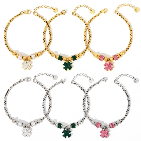 Bracelet Trèfle À Quatre Feuilles Acier Inoxydable Pendentif Strass Ajustable Chaîne Gourmette Bijoux Élégants Cadeau Femmes