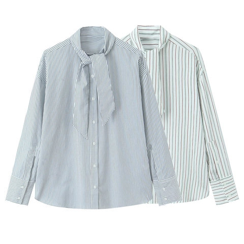 Women Striped Blouse Polyester Poplin Long Sleeve Pussy-Bow Collar Button Down Elegant Casual Sweet Shirt For Lady