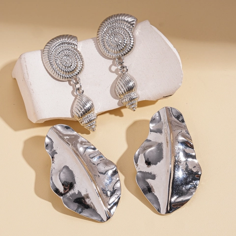 Pendientes De Hoja De Concha De Mar Aleación Con Poste De Plata Esterlina 925 Textura Plegada Abstracta Joyería Metálica Mujer