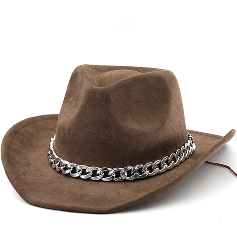 Cappello Da Cowboy Occidentale Finta Pelle Scamosciata Tesa Larga Con Decorazione Catena Di Metallo Unisex Stile Cavaliere Moda