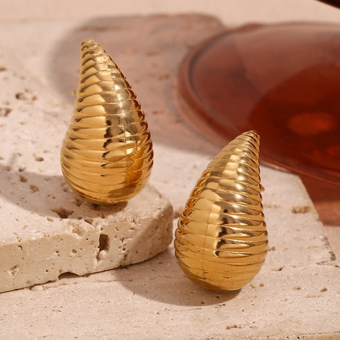 Pendientes de Botón de Acero Inoxidable con Gota de Agua Para Mujer Chapados en Oro de 18K Aros de Espiral con Textura Hueca