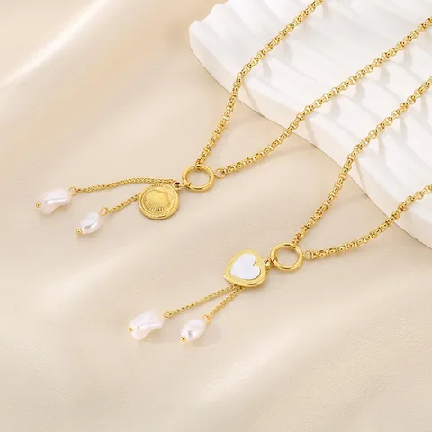 Elegant Stainless Steel Necklace With Heart Shell Pendant And Artificial Baroque Pearl Tassel Vintage Gold Plated Jewelry For Women
